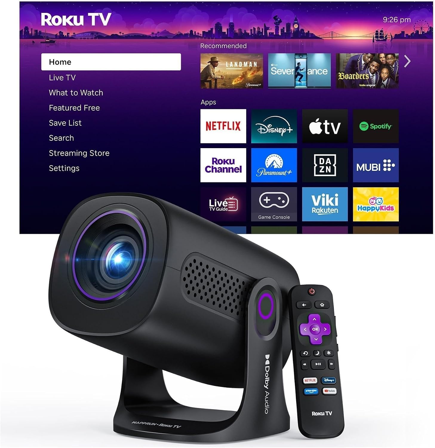 HAPPRUN Roku TV Smart Mini Projector with WiFi and Bluetooth for Portable